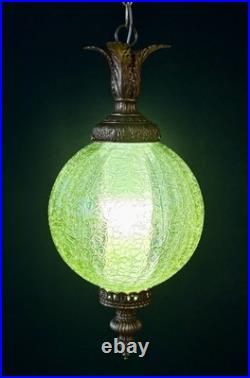 Vintage Mid Century 1960's-70's Retro Green Crackle Glass Hanging Swag Light