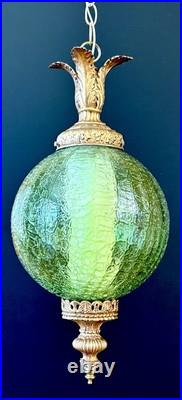 Vintage Mid Century 1960's-70's Retro Green Crackle Glass Hanging Swag Light
