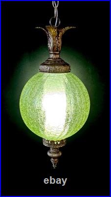 Vintage Mid Century 1960's-70's Retro Green Crackle Glass Hanging Swag Light