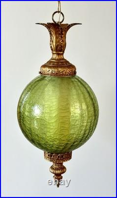 Vintage Mid Century 1960's-70's Retro Green Crackle Glass Hanging Swag Light