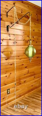 Vintage Mid Century 1960's-70's Retro Green Crackle Glass Hanging Swag Light