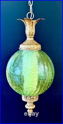 Vintage Mid Century 1960's-70's Retro Green Crackle Glass Hanging Swag Light