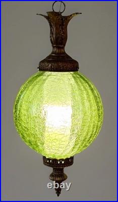 Vintage Mid Century 1960's-70's Retro Green Crackle Glass Hanging Swag Light