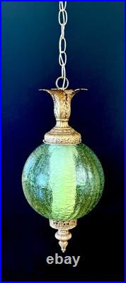 Vintage Mid Century 1960's-70's Retro Green Crackle Glass Hanging Swag Light