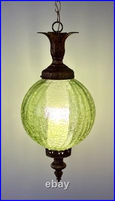 Vintage Mid Century 1960's-70's Retro Green Crackle Glass Hanging Swag Light