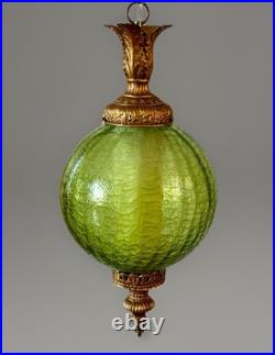 Vintage Mid Century 1960's-70's Retro Green Crackle Glass Hanging Swag Light