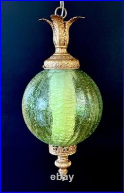 Vintage Mid Century 1960's-70's Retro Green Crackle Glass Hanging Swag Light