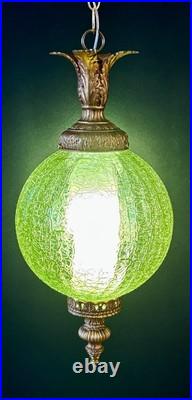 Vintage Mid Century 1960's-70's Retro Green Crackle Glass Hanging Swag Light