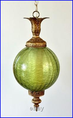 Vintage Mid Century 1960's-70's Retro Green Crackle Glass Hanging Swag Light