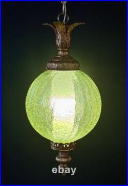 Vintage Mid Century 1960's-70's Retro Green Crackle Glass Hanging Swag Light