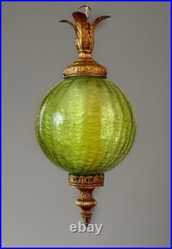 Vintage Mid Century 1960's-70's Retro Green Crackle Glass Hanging Swag Light