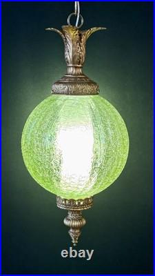 Vintage Mid Century 1960's-70's Retro Green Crackle Glass Hanging Swag Light