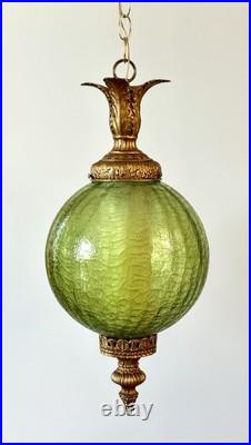 Vintage Mid Century 1960's-70's Retro Green Crackle Glass Hanging Swag Light