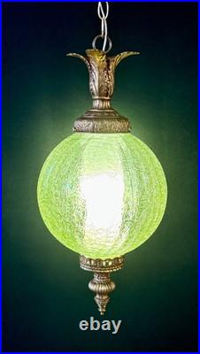 Vintage Mid Century 1960's-70's Retro Green Crackle Glass Hanging Swag Light