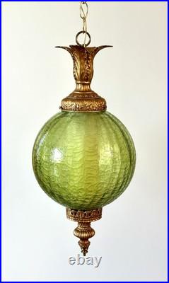 Vintage Mid Century 1960's-70's Retro Green Crackle Glass Hanging Swag Light