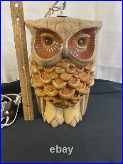Vintage Mid Century 1960s Double Faced Owl Hanging Swag Lamp Ceramic and Glass