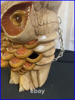 Vintage Mid Century 1960s Double Faced Owl Hanging Swag Lamp Ceramic and Glass