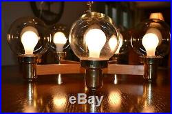 Vintage Mid Century 5 Globe Hanging Light Spoke Lamp Brass Wood Excellent Works