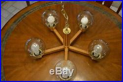 Vintage Mid Century 5 Globe Hanging Light Spoke Lamp Brass Wood Excellent Works
