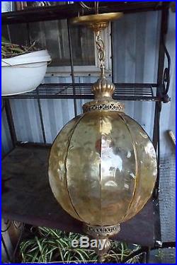 Vintage Mid Century AMBER Optic Art Glass Ball Shade Hanging Swag Lamp Light