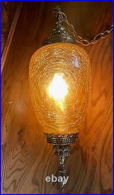 Vintage Mid Century Amber CRACKLE GLASS Hanging Light Fixture MCM Swag Lamp