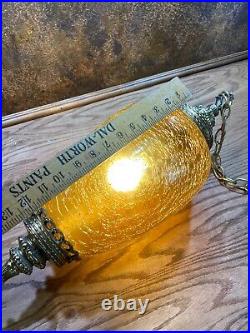 Vintage Mid Century Amber CRACKLE GLASS Hanging Light Fixture MCM Swag Lamp