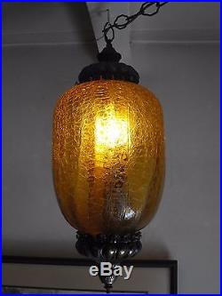 Vintage Mid-Century Amber Crinkle Glass Hanging Light Lamp Fixture
