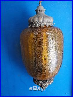 Vintage Mid-Century Amber Crinkle Glass Hanging Light Lamp Fixture