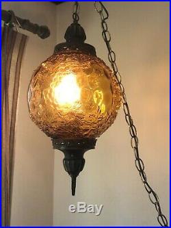 Vintage Mid Century Amber Glass Globe Hanging Swag Lamp Grape Pattern 10 1/2