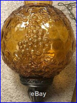 Vintage Mid Century Amber Glass Globe Hanging Swag Lamp Grape Pattern 10 1/2