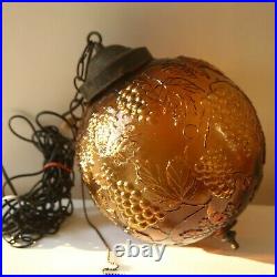 Vintage Mid Century Amber Glass Globe Hanging Swag Lamp Grape Pattern Upside 32