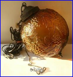 Vintage Mid Century Amber Glass Globe Hanging Swag Lamp Grape Pattern Upside 32