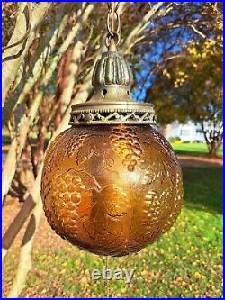 Vintage Mid Century Amber Glass Globe Hanging Swag Lamp Grape Pattern WORKS
