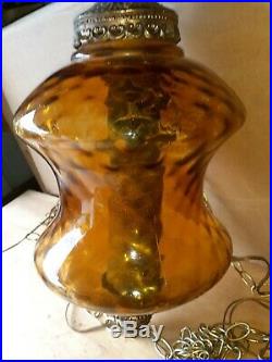 Vintage Mid Century Amber Glass Globe Hanging Swag Lamp Light with Diffuser
