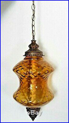 Vintage Mid Century Amber Glass Globe Hanging Swag Lamp Light with Diffuser MCM