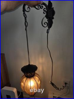 Vintage Mid Century Amber Glass Hanging Pendant Lamp