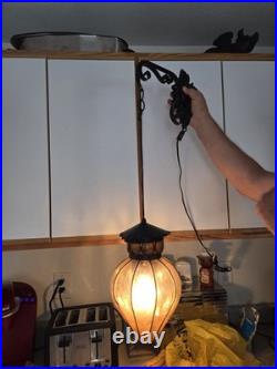 Vintage Mid Century Amber Glass Hanging Pendant Lamp