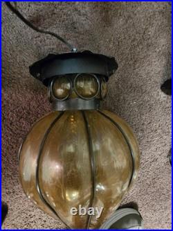 Vintage Mid Century Amber Glass Hanging Pendant Lamp