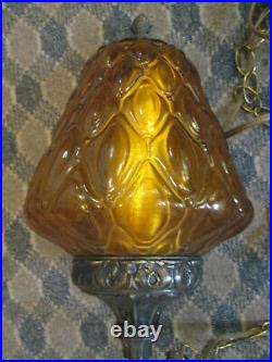 Vintage Mid-Century Amber Glass Hanging Swag Lamp 15 Globe Pendant Light 70's