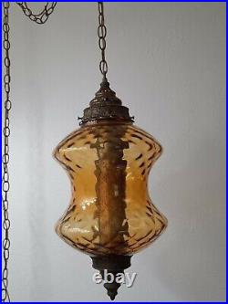 Vintage Mid-Century Amber Glass Hanging Swag Lamp Pendant Light Chandelier