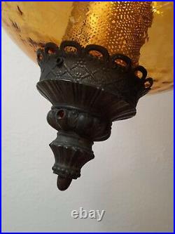 Vintage Mid-Century Amber Glass Hanging Swag Lamp Pendant Light Chandelier