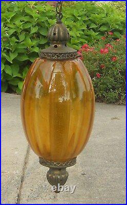 Vintage Mid Century Amber Glass Swag Hanging Light Lamp Gold Diffuser