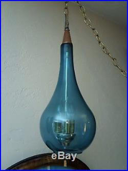 Vintage Mid Century Aqua Optic Teardrop Teak Glass Hanging Swag Lamp LOOK