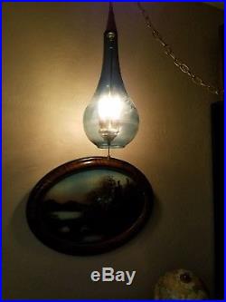 Vintage Mid Century Aqua Optic Teardrop Teak Glass Hanging Swag Lamp LOOK