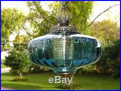 Vintage Mid Century BLUE Optic Glass UFO Hanging Swag Lamp CLEAN