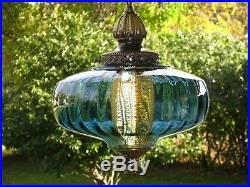 Vintage Mid Century BLUE Optic Glass UFO Hanging Swag Lamp CLEAN
