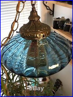 Vintage Mid Century BLUE Optic Glass UFO Hanging Swag Lamp LOOK