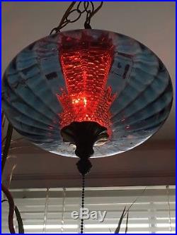 Vintage Mid Century BLUE Optic Glass UFO Hanging Swag Lamp LOOK