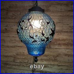Vintage Mid-Century Blue Glass Hanging Swag Lamp Globe Pendant Light 70's
