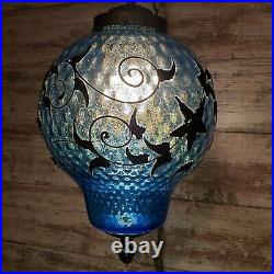 Vintage Mid-Century Blue Glass Hanging Swag Lamp Globe Pendant Light 70's